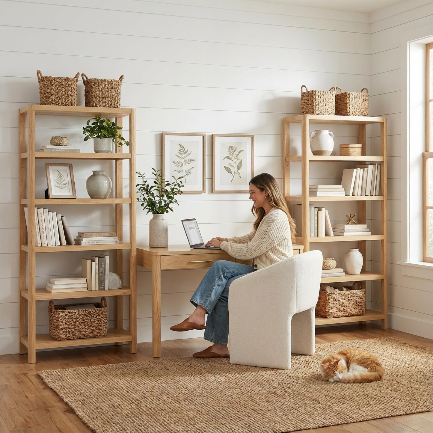 Bush Home Vera 54W Writing Desk with Upholstered Barrel Office Chair, Home Office Furniture, Vera Collection, Natural White Oak and Light Cream Fabric