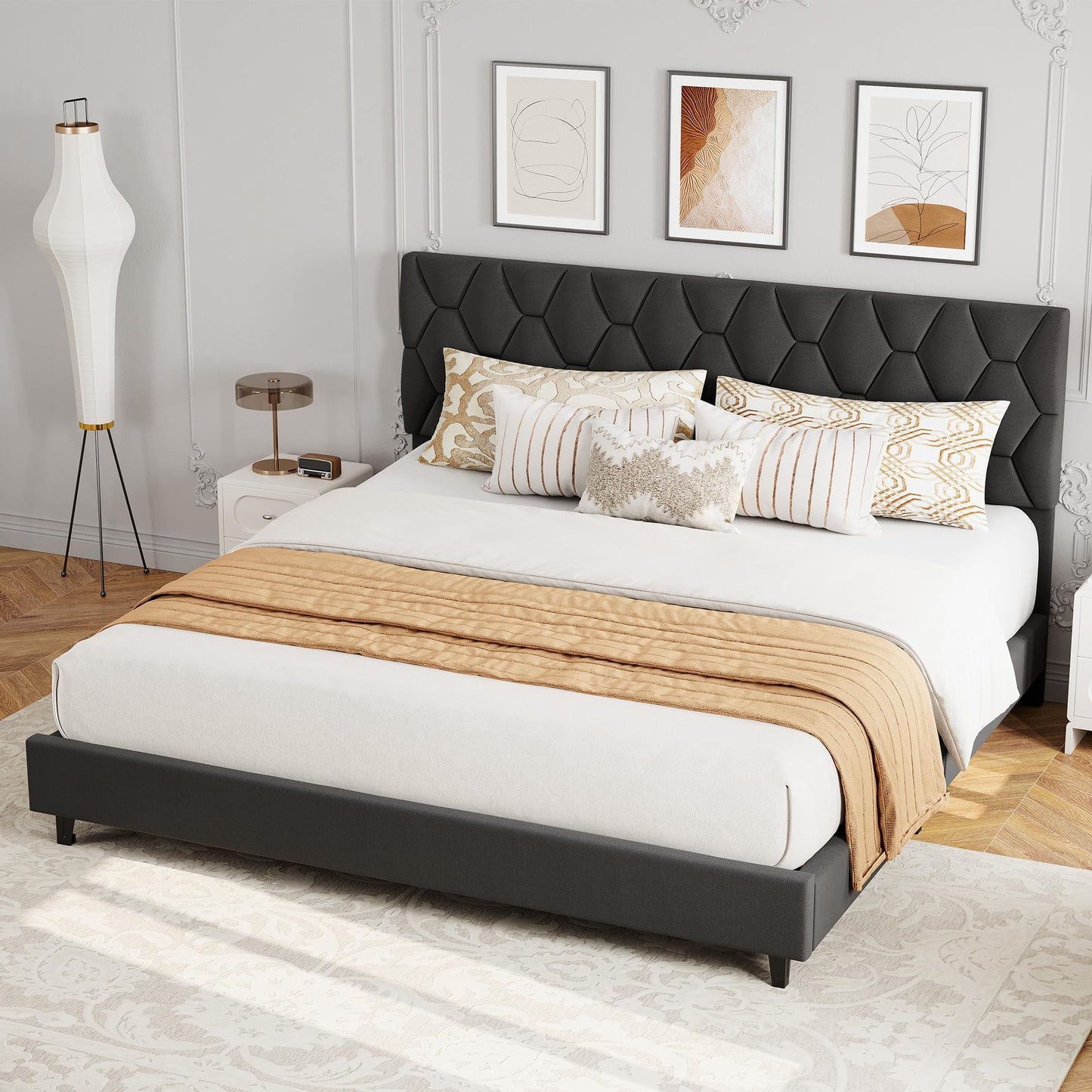Garvee King Size Bed Frame, Platform Bed Frame with Upholstered Adjustable Headboard, Mattress Foundation with Strong Wooden Slats Support, No Box Spring Needed, Noise Free, Easy Assembly, Gray