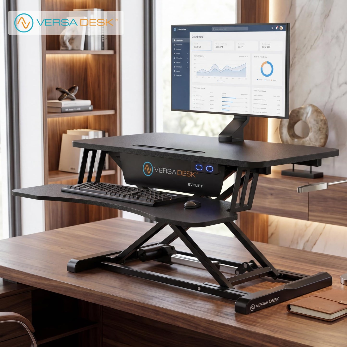 VERSADESK EvoLift 32" Electric Standing Desk Converter, Sit to Stand Motorized Desk Riser, 1-Button Easy Lift, Dual Monitor Workstation, Wide Keyboard Tray, Built-in Device Stand, Black