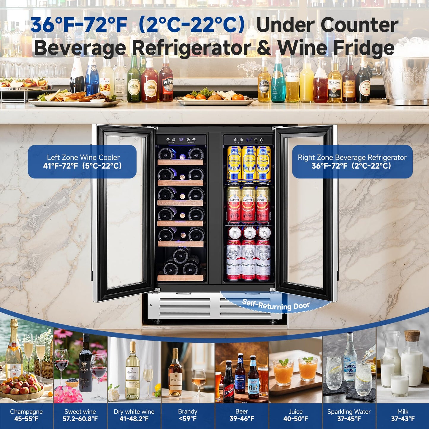 BODEGACOOLER Wine and Beverage Refrigerator, 24 Inch Under Counter Commercial Beverage Refrigerator, Large Capacity Back Bar Cooler With 2 Glass Doors,LED Lighting for Beer,Soda,Wine,4.1 Cu.Ft.,Black.