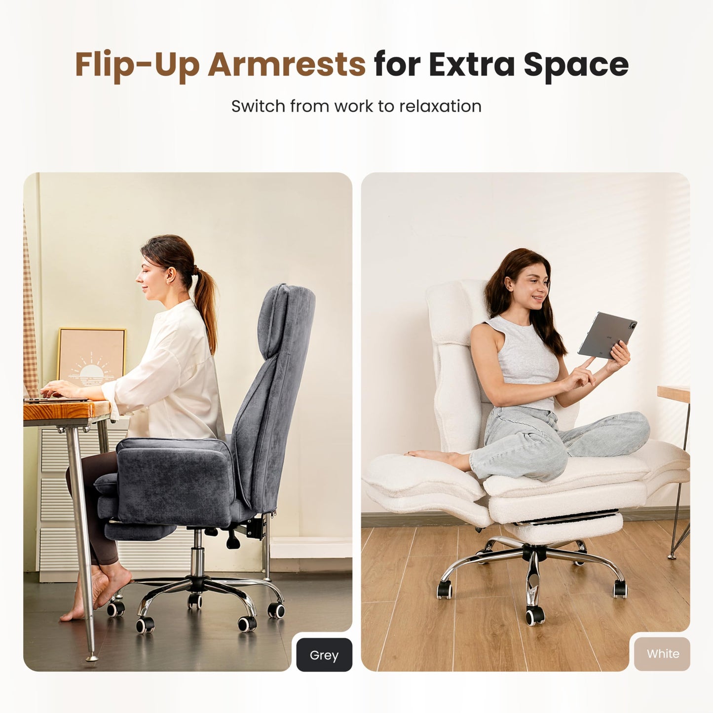 Big and Tall Office Chair, Flip Armrests for Pets & Cross Legged Sitting, Executive Ergonomic Computer Gaming Chair with Foot Rest, Teddy Fleece Wide Seat Reclining Desk Chair, White Vanity Chair