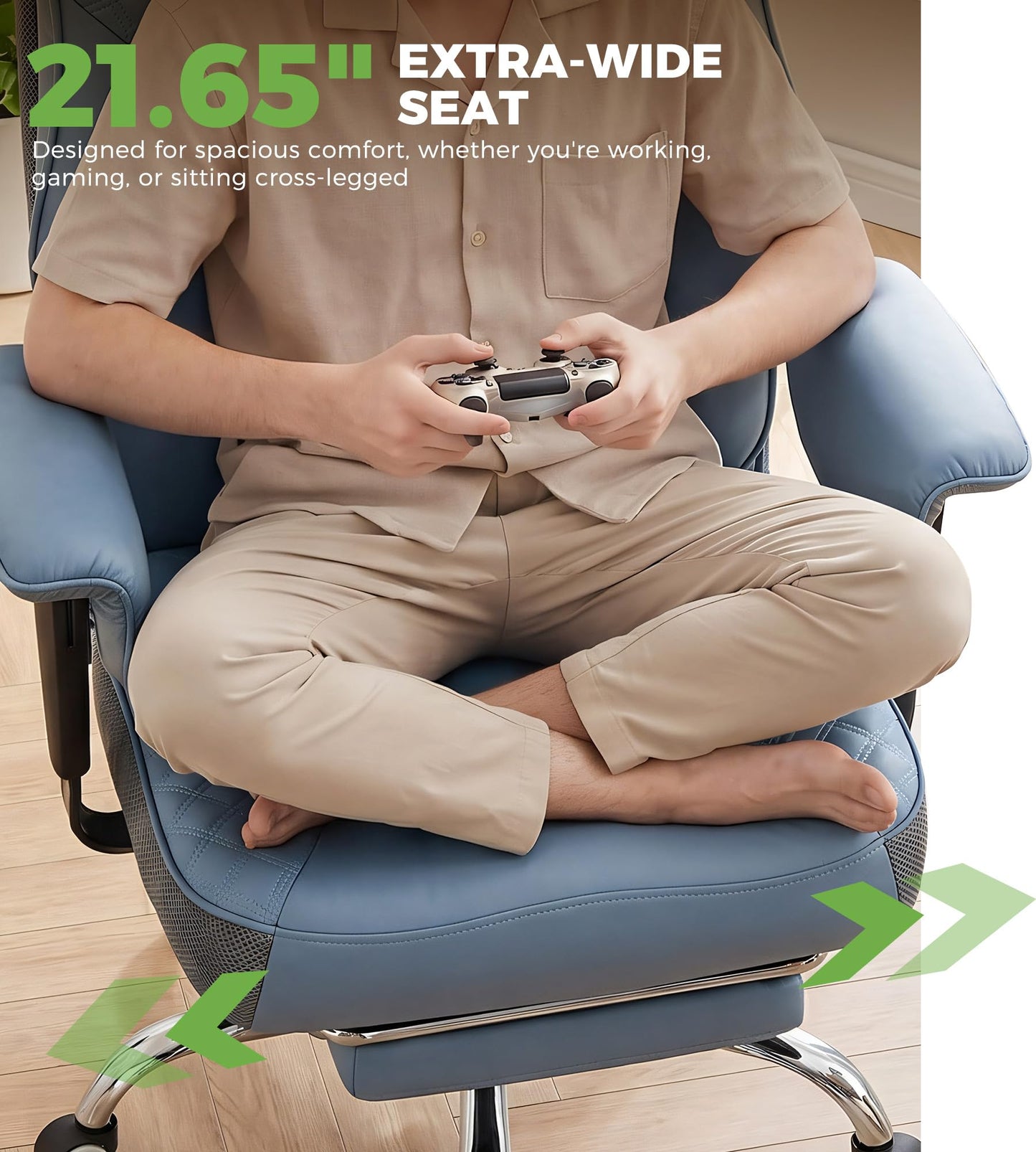 GTPLAYER Big and Tall Office Chair, High Back Computer Gaming Chair with Ergonomic Lumbar Support &Pocket Spring Cushion for Lower Back Pain Relief, Leather Executive Chair with Foot Rest, Blue
