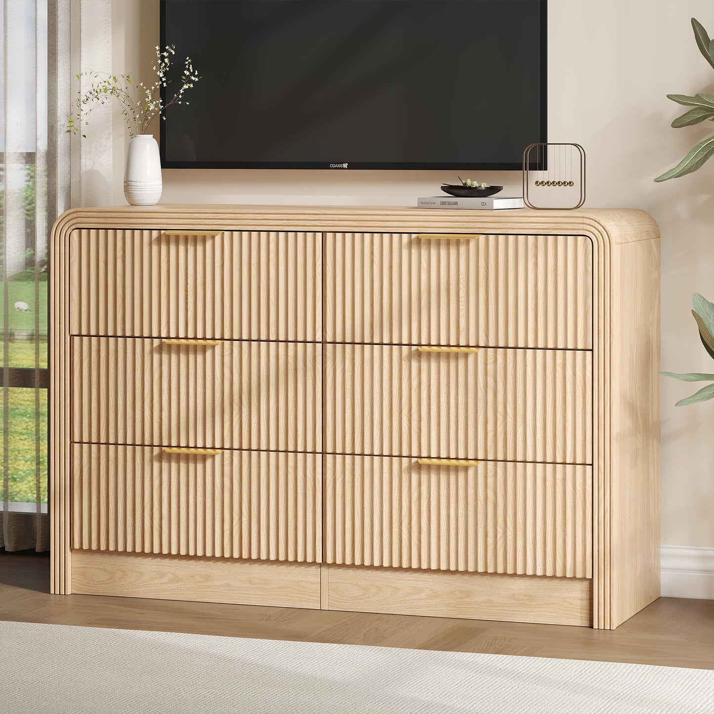 Decofy Fluted Drawers Dresser for Bedroom, Wood Dressers with Gold Handles, Modern Dressers with Wave Texture, Large Storage Chest of Drawers, Bedroom Dresser Organizer 47'' & 6 Drawers (Natural Oak)