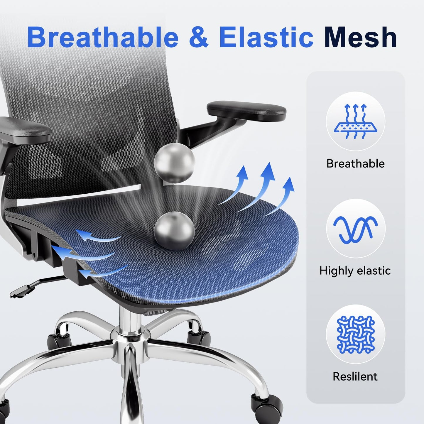 marrap Ergonomic Office Chair, Mesh Seat Cushion with 3D Armrests and 3D Headrest, Adjustable Lumbar Support with 90-120° Rocking Function for Home Office, Black