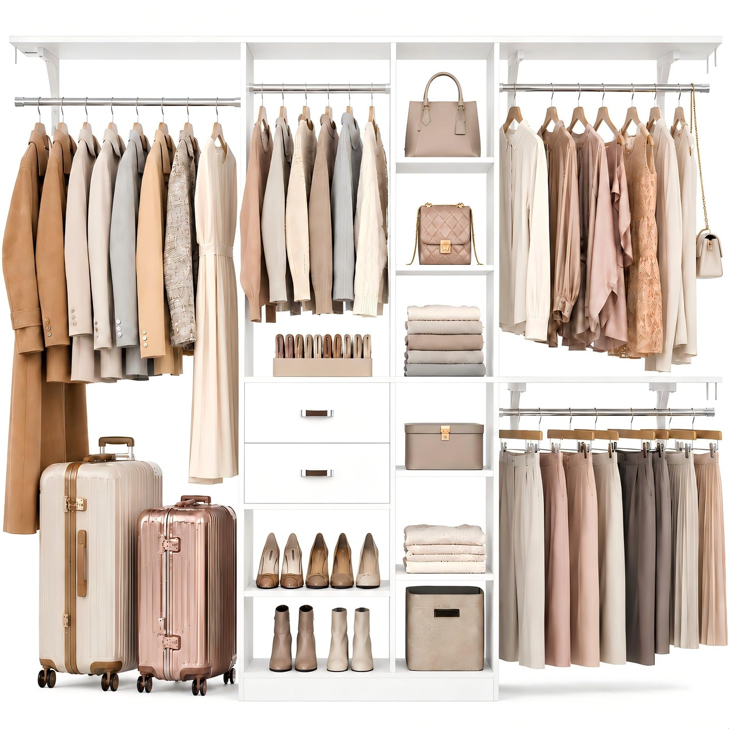 Upgraded 96 Closet System with 18 Storage Place, 8FT Closet Organizers System with 13 Shelves and 2 Wooden Drawers, 96'' Walk-in Closet with 4 Hanging Rods, Adjustable Garment Rack, White