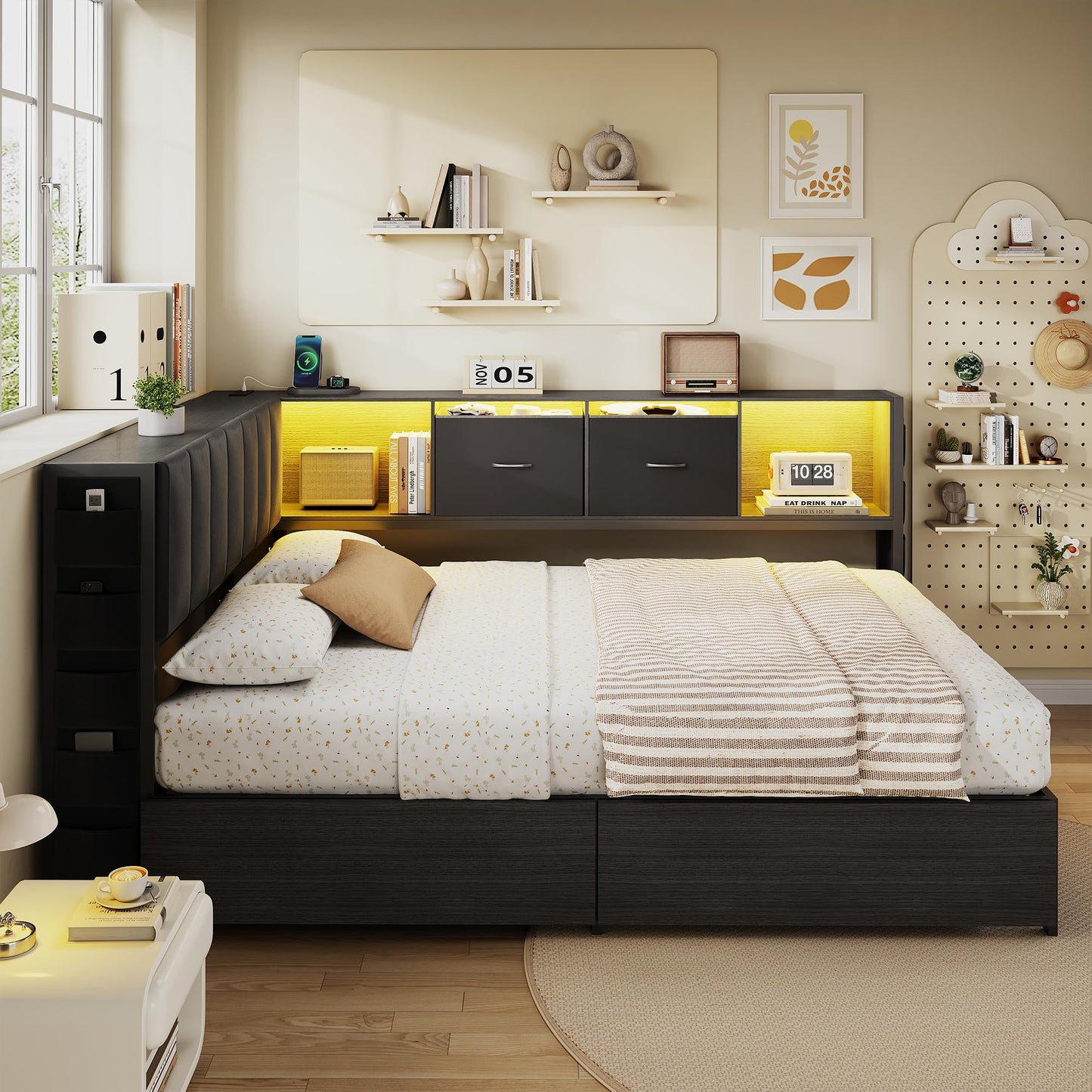 MapleGrace Full Corner Bed Frame with Upholstered Storage Headboard and Drawers, Metal Platform Bed Frame with LED Light and Charging Station, Full Daybed for Living Room, Bedroom & Guest Room, Black