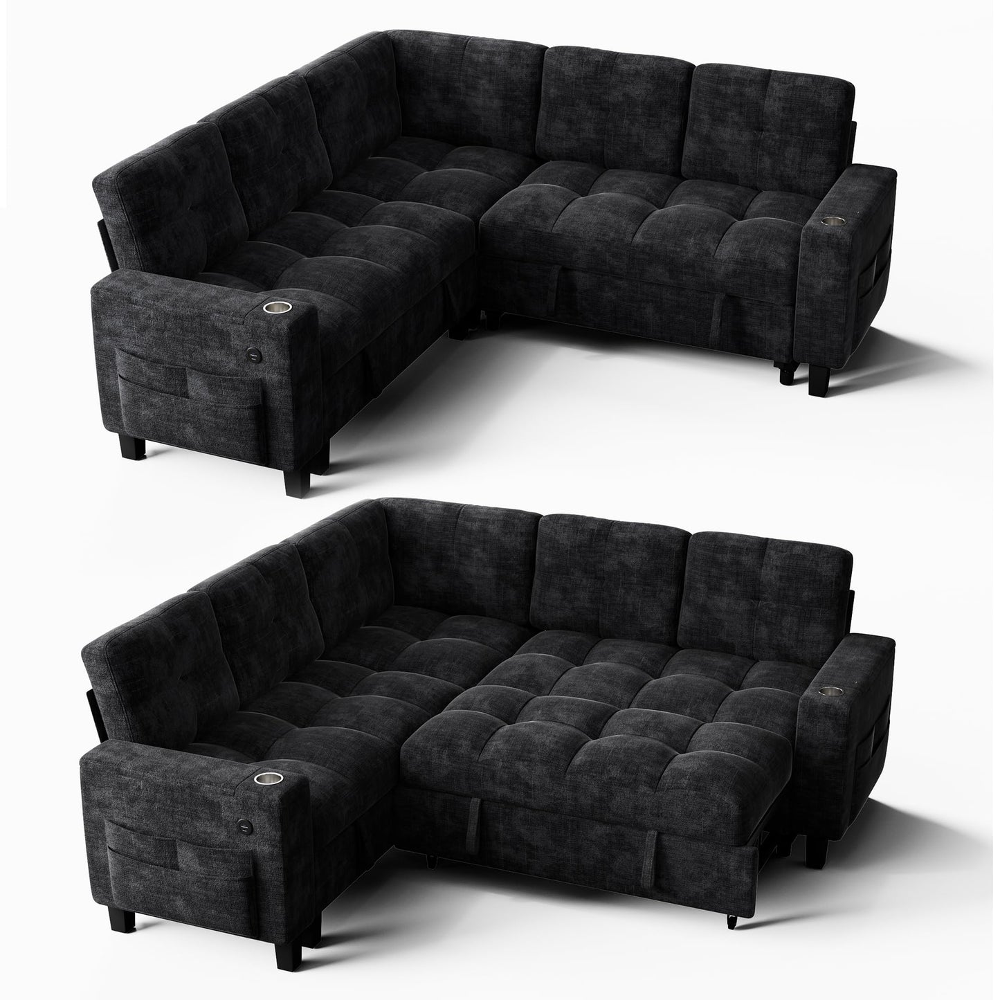 Marsail 85" Sectional Sleeper Sofa with Pull Out Bed, 5 Seat Modular Sectional Sofa with Storage, USB Ports & Cup Holders, Sectional Couches for Living Room, Modern Chenille Cloud Couch, Dark Gray