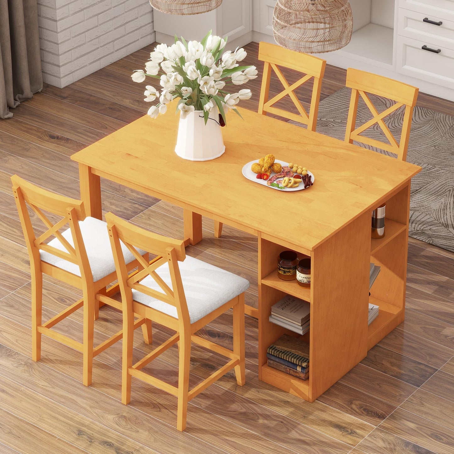 Merax 5 Piece Solid Wood Farmhouse Counter Height Dining Table Set with 3-Tier Storage Shelves,Upholstered Cross-Back Dining Chairs for 4,Rustic Dining Furniture for Kitchen,Dining Room,Brown