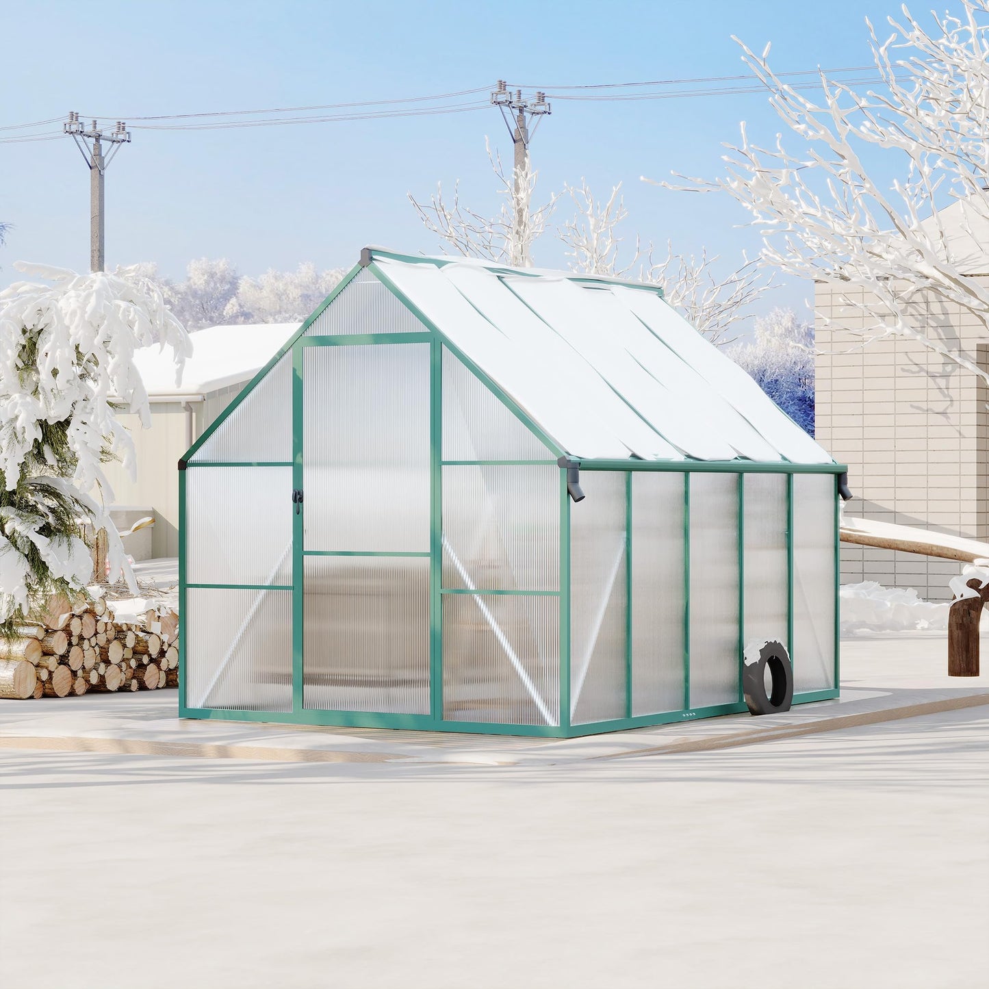 CABIHOME 8x10 FT Outdoor Greenhouse, Polycarbonate Greenhouse with Roof Vent and Ground Nails, Aluminum Large Walk-in Green House w/ Lockable Push Door for Outdoor Garden (Olive, 8x10 FT)