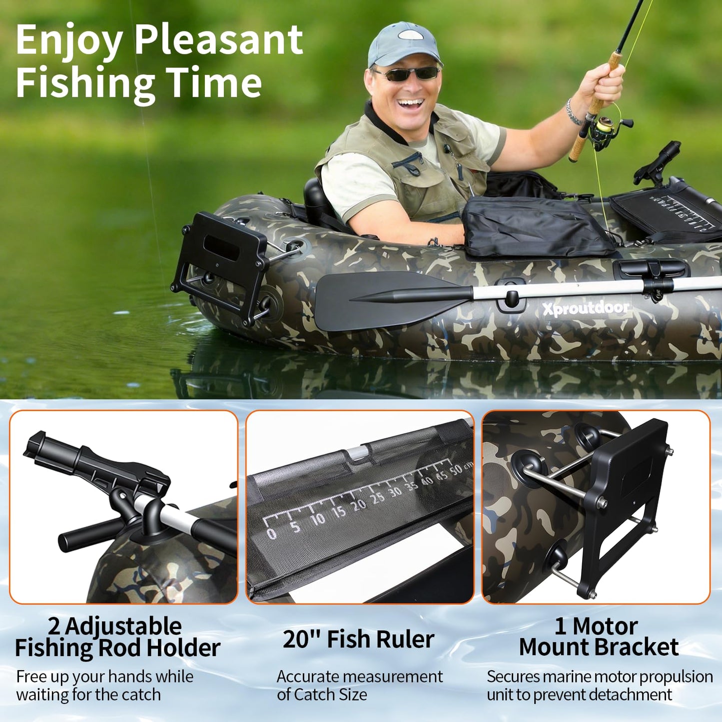 Xproutdoor Fishing Float Tube, Belly Boat Fishing with Pump, Fish Ruler, Adjustable Straps, Storage Pockets, 2 Oars, 2 Rod Holders, Motor Bracket Inflatable Float Tube for 330 LBS Load Capacity