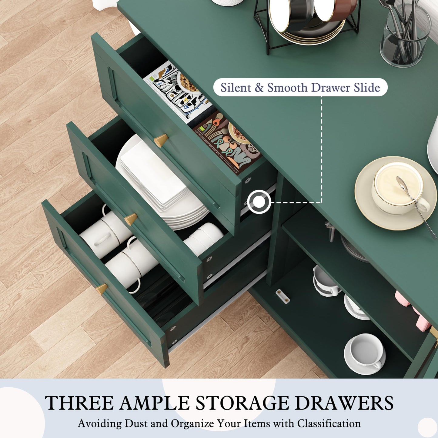 HLR Accent Cabinet with 3 Drawers and Door, Wooden Storage Cabinet with Shelves, Sideboard for Living Room, Entryway, Green