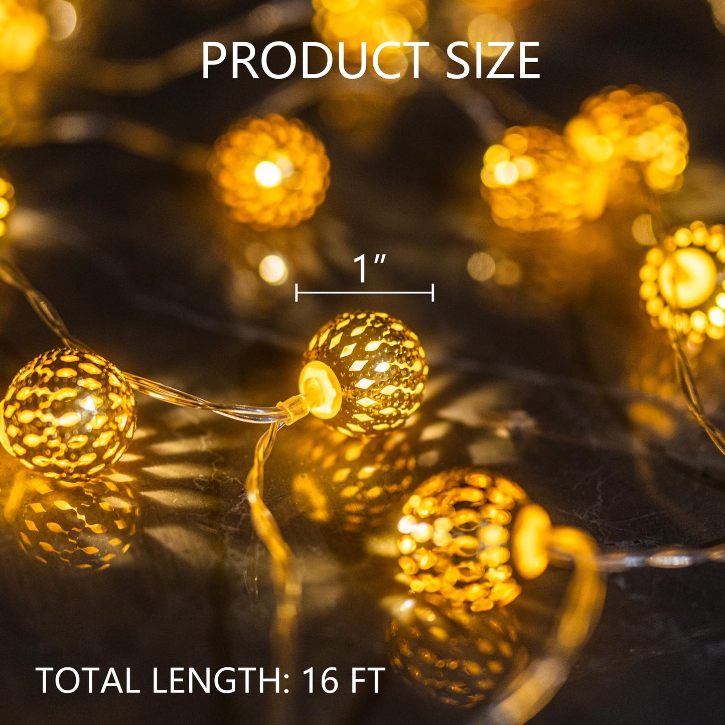 Dazzle Bright Moroccan String Lights, 50 LED 16 FT Warm White, Battery Powered, Waterproof, 8 Modes for Indoor Outdoor Xmas Tree