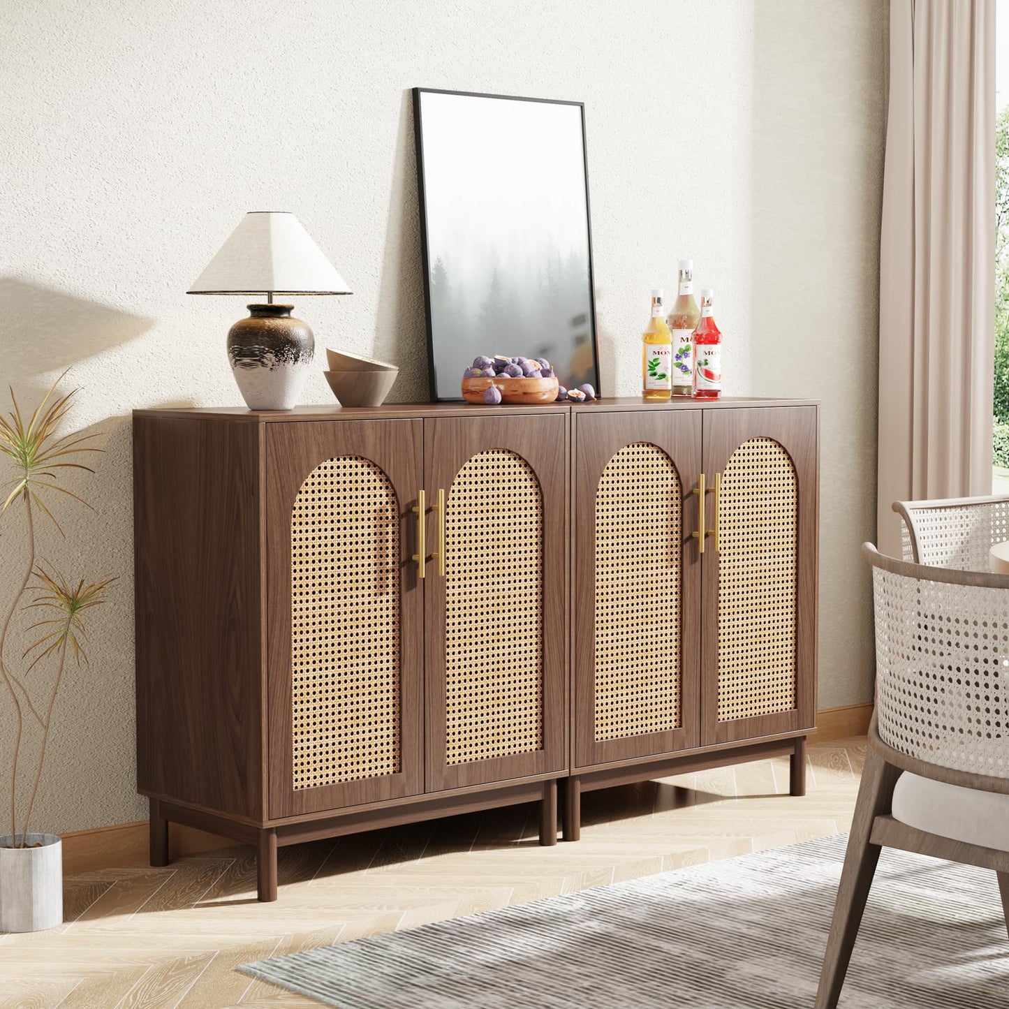 Tribesigns Set of 2 Rattan Sideboard Buffet Cabinet with Storage, 59 Inch Accent Cabinet for Dining Room, Living Room, Kitchen, Rattan and Dark Brown
