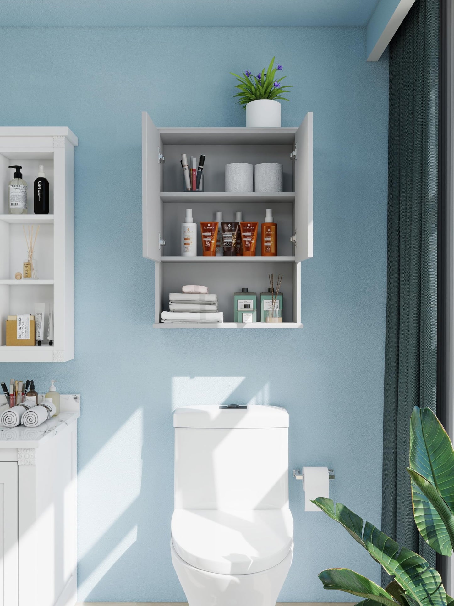 VIMYFAMY Bathroom Cabinet Wall Mount Buffering Hinge,23"x29" inch Over Toilet Storage Cabinet and Adjustable Shelves, Large Space Wooden Medicine Cabinet (Light Gray)