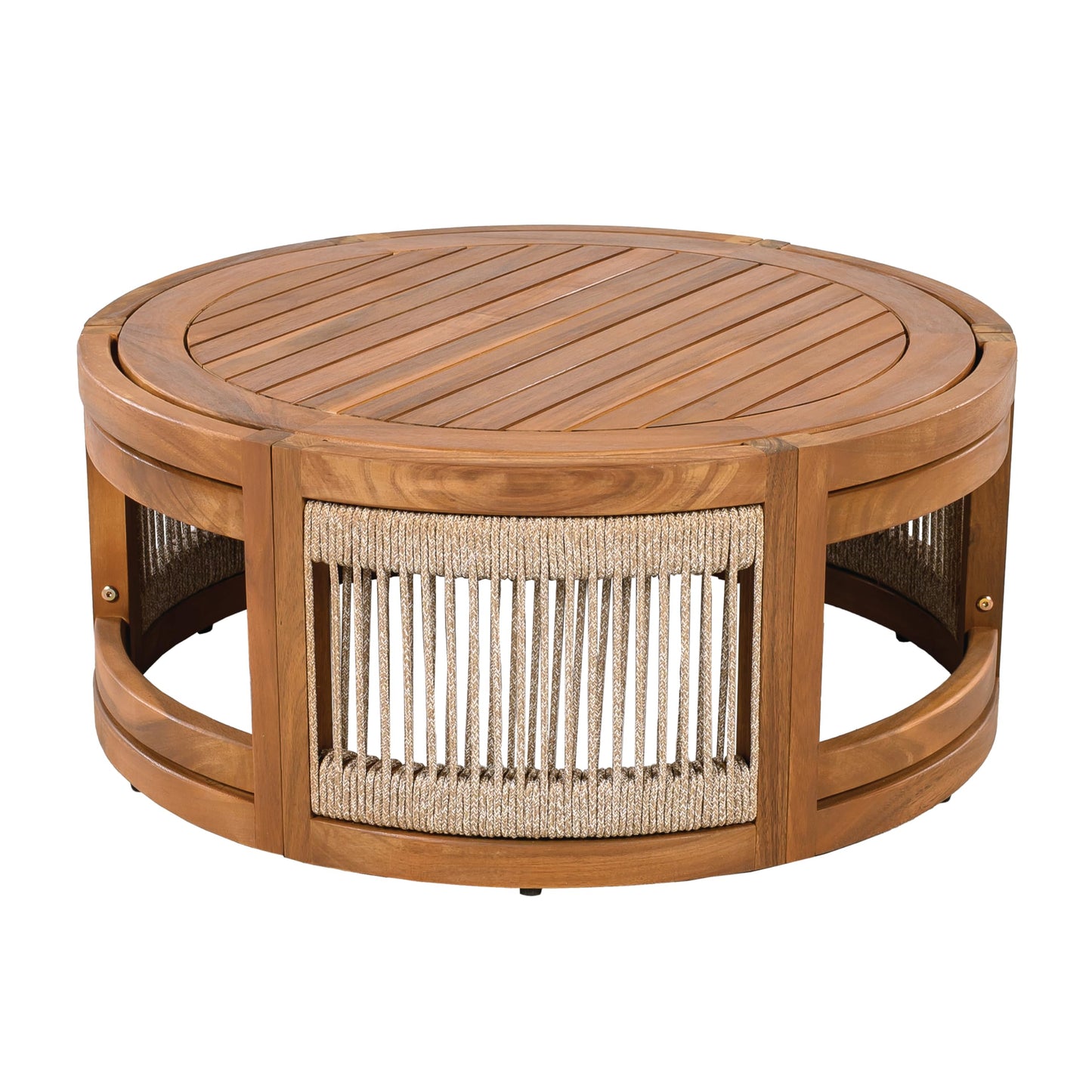 Christopher Knight Home Nesbit 4 Pieces Conversation Set, Acacia Wood Chat Set, Woven Rope Loveseat and Accent Chairs, Slat Panel Coffee Table, Patio Furniture Set for Backyard Balcony Garden, Beige