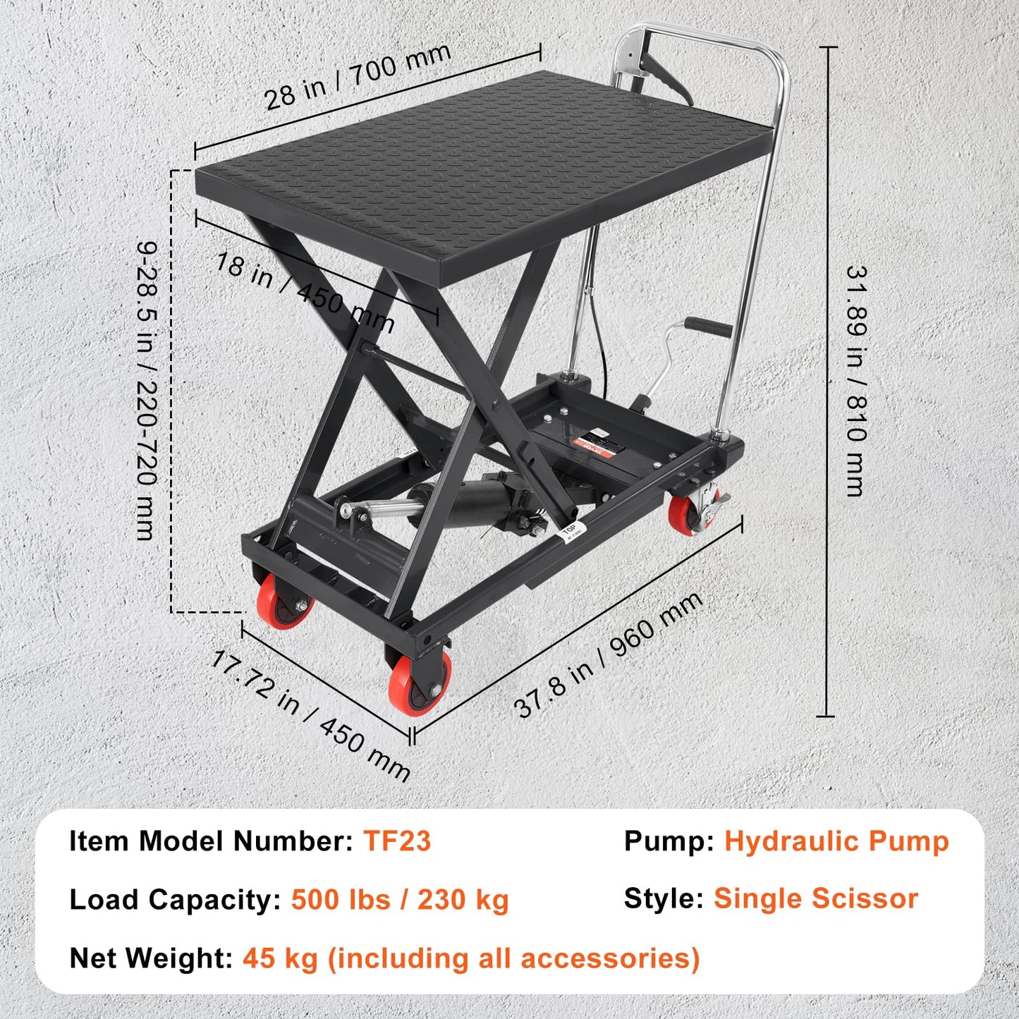 VEVOR TF23 Hydraulic Lift Table Cart, 500lbs Capacity 28.5" with 4 Wheels and Non-Slip Pad, for Material Handling and Transportation, Black