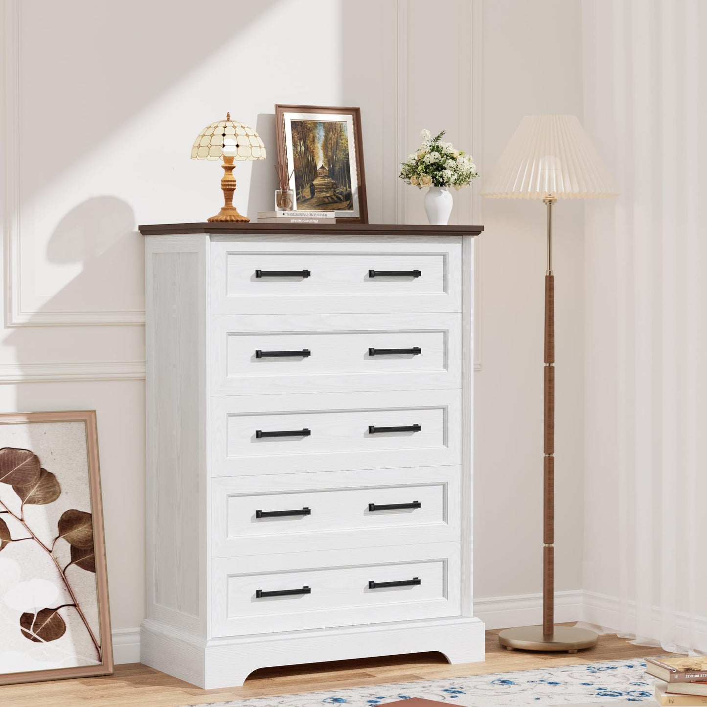 YESHOMY Tall Dresser for Bedroom,Farmhouse 5 Drawers Dresser, Chest of Drawer Chest, Multi-Tier Clothing Storage Cabinet, White and Brown
