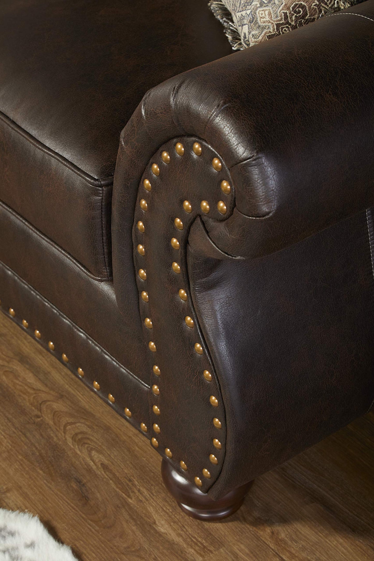 Leinster Faux Leather Sofa with Antique Bronze Nailheads in Espresso