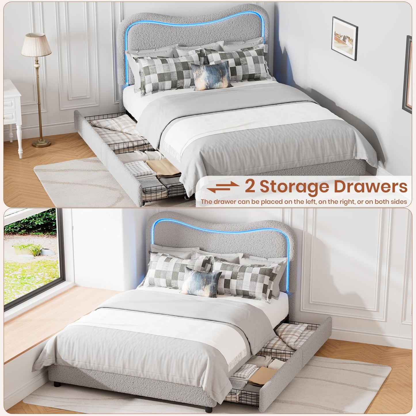 Garvee Boucle Queen Bed Frame with 2 Storage Drawers, Upholstered Platform Bed with LED Headboard, Solid Wood Slats Support, No Box Spring Needed for Kids, Teens, Grey