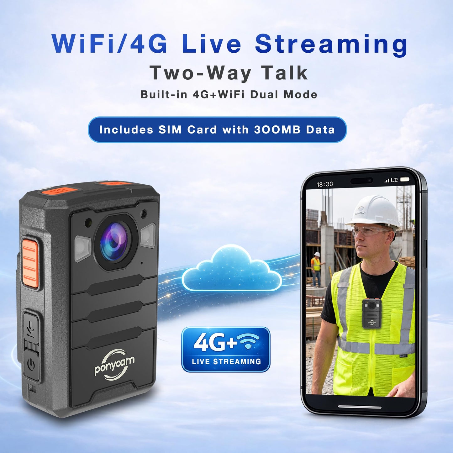 ponycam 1440P 4G GPS Body Camera, SIM Card Included, 17H Record Time, 3600mAH Battery, 128G Memory Audio Video Recording and Intercome Body-Worn Camera, Data-encrypt for Security, Work, Guard
