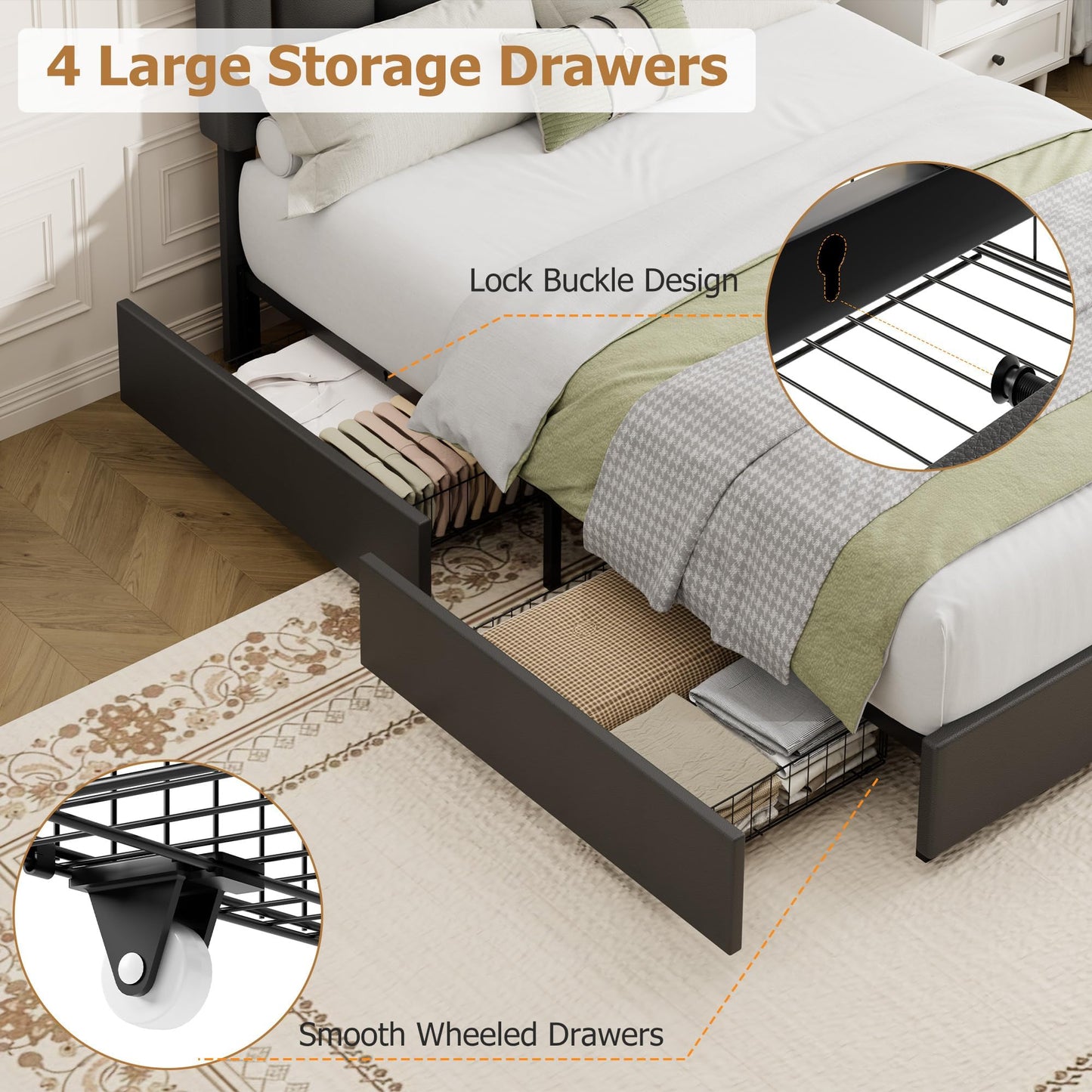 Garvee Full Size Storage Bed Frame with 4 Drawers, LED Lights, Charging Station, Adjustable Headboard, PU Leather Upholstered Platform Bed, Wooden Slats Support, No Box Spring Needed, Black