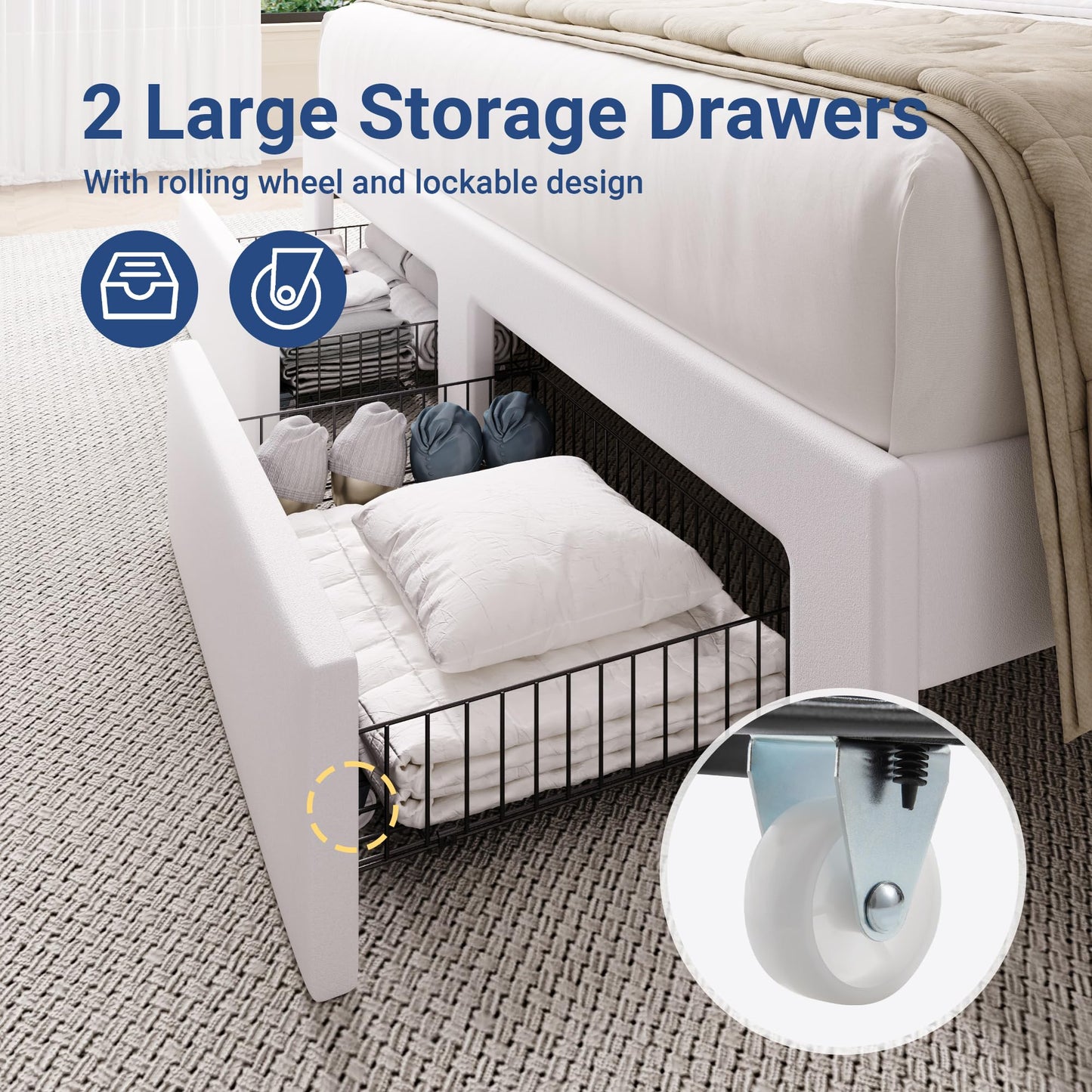 Allewie Full Bed Frame with 2-Tier Storage Headboard, Charging Station & LED Lights, Velvet Upholstered Platform Bed with 2 Drawers, Wingback Headboard, Gold Button Tufted, No Box Spring Needed, White