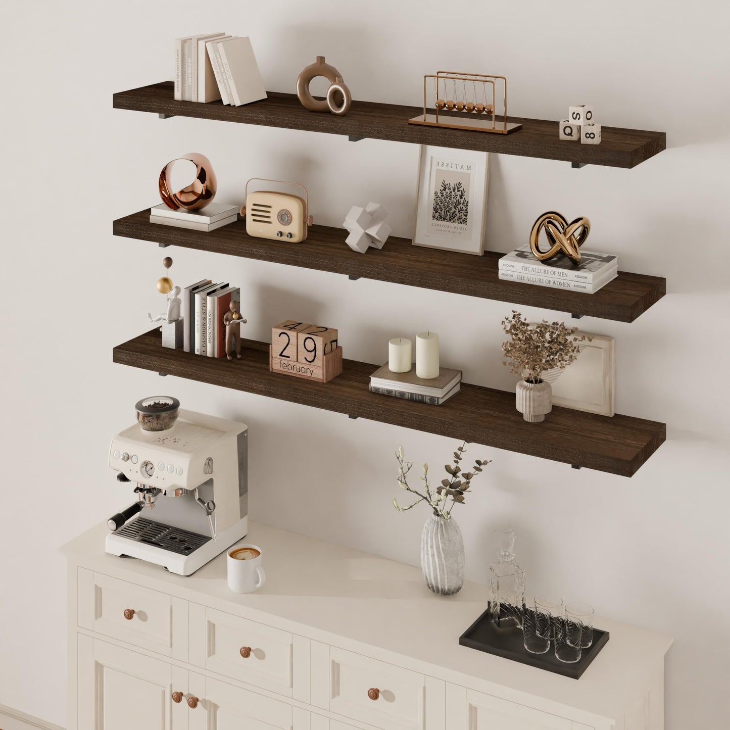 ONOTETUT 60 Inch Long Wall Shelves,Long Floating Shelf for Wall Set of 3,Walnut Large Wall Mounted Shelves with Metal Brackets,Farmhouse Bookshelf Shelves for Office
