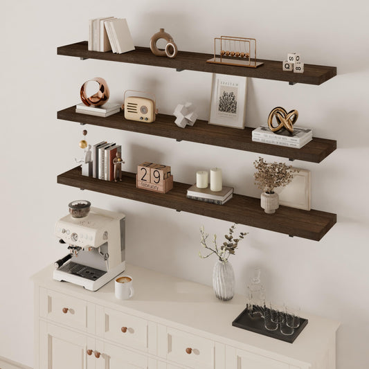 ONOTETUT 60 Inch Long Wall Shelves,Long Floating Shelf for Wall Set of 3,Walnut Large Wall Mounted Shelves with Metal Brackets,Farmhouse Bookshelf Shelves for Office