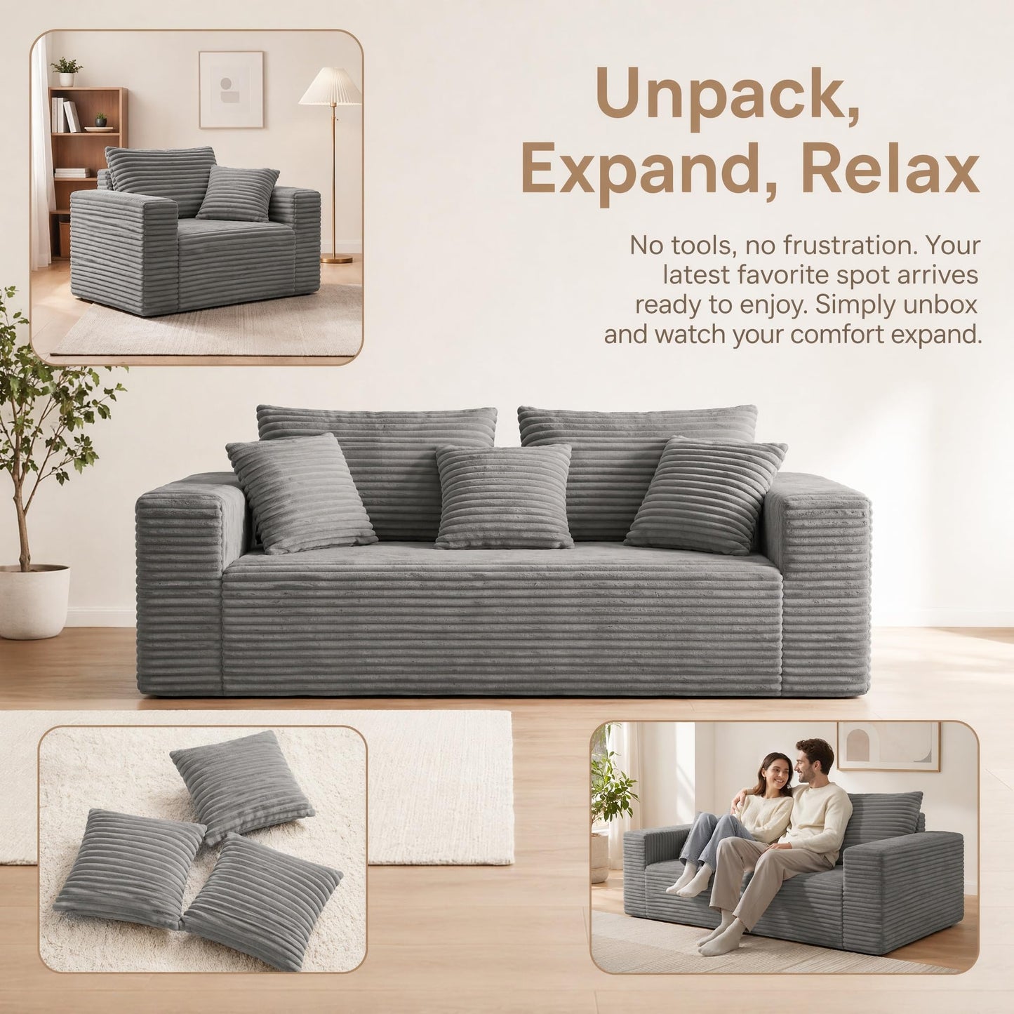 Trygoal 3-Pieces Sectional Boneless Couch Set for Living Room, Oversized Couch Including 3-Seater & 2-Seater & Single Chair, Deep Seat Sofa Set with Armrests & Pillows,No Assembly Required, Light Gray