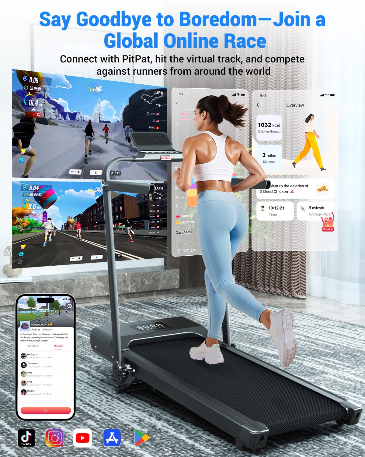 Superun Walking Pad Treadmill with Handle Bar, 300 LBS Capacity Treadmills for Home, 3.0HP Portable Under Desk Treadmill for Home Office with LED Display Remote APP Control