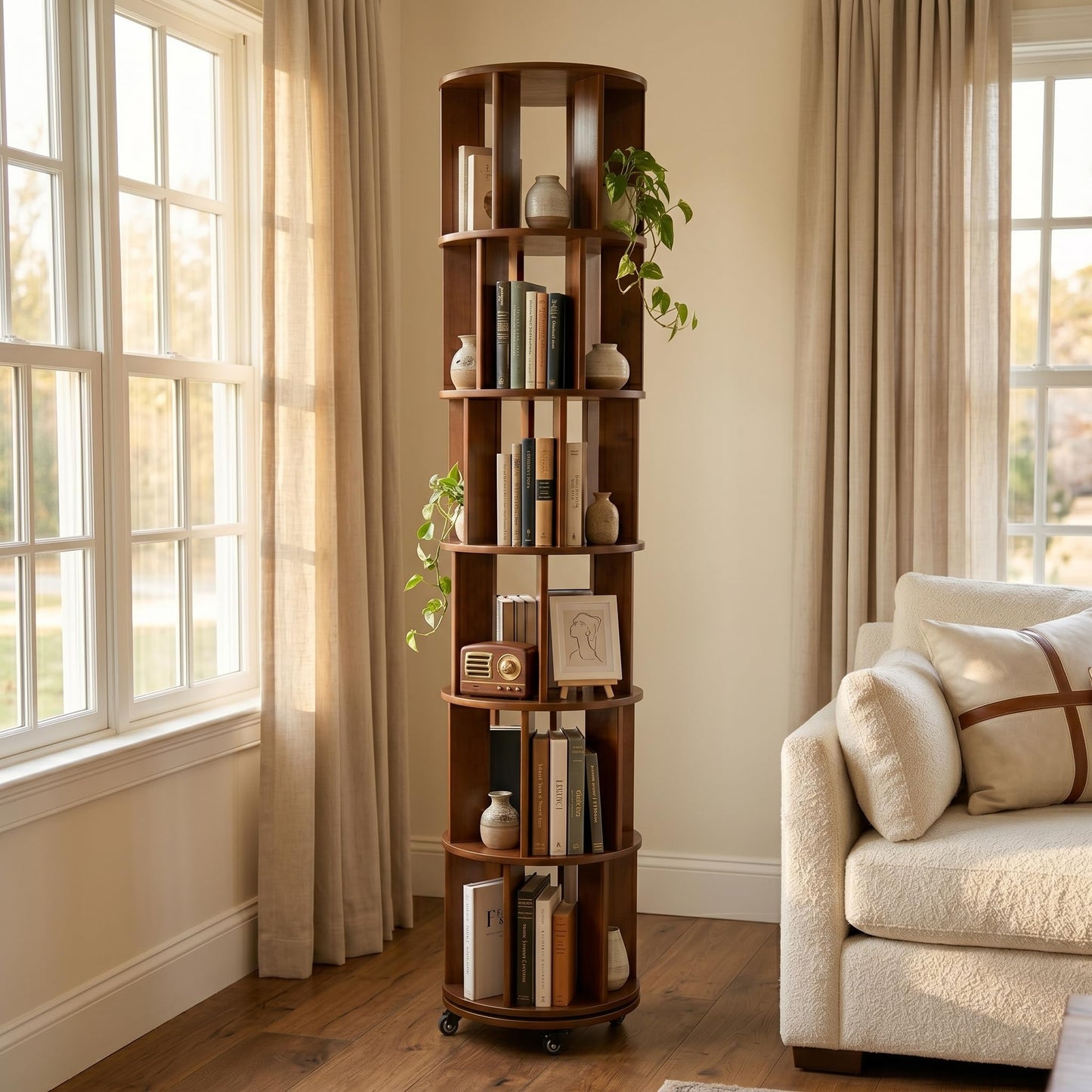 Rotating Bookshelf Tower on Wheels, Solid Rubber Wood Spinning, Round Bookcase with Lockable Casters, 360° Rolling, Book Shelf for Small Spaces, Corner, Home Office & Bedroom (6 Tier - Walnut)