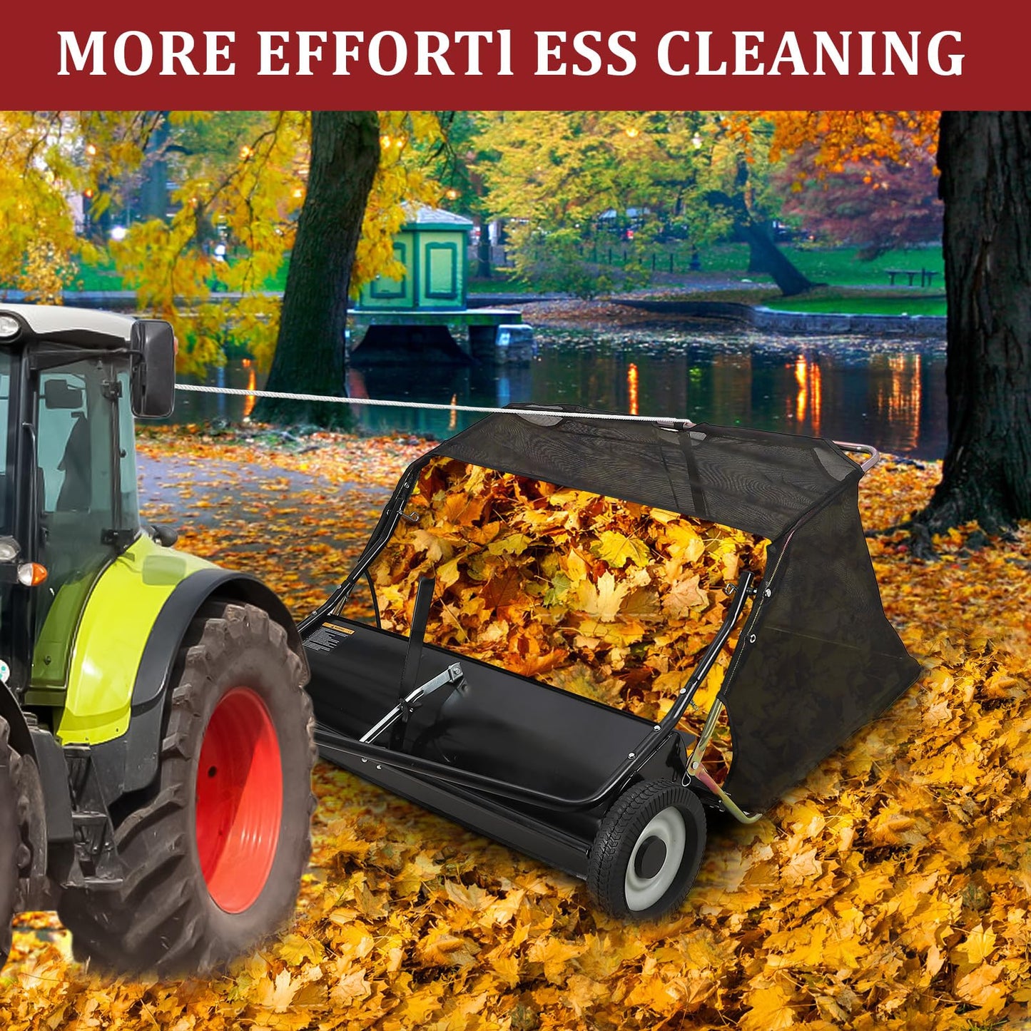 GarveeHome 42" Tow‑Behind Lawn Sweeper, Heavy‑Duty Leaf & Grass Collector for Lawn Tractor/ATV, 24 Cu.ft Yard Sweeper with Adjustable Height & Dumping Rope, Pull Behind Lawn Sweeper for Leaves