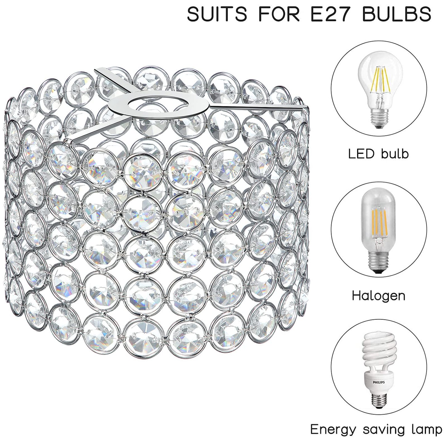Boao Crystal Lamp Shade Chandelier, Warm White, 7 x 7 x 4.3 Inch, Silver, Model: Boao-Pendant Lights-p1432