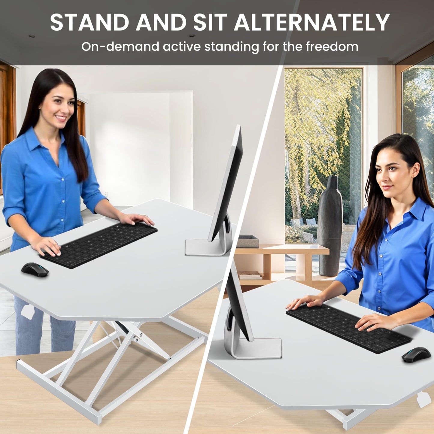 Aconcept 40 inch White Corner Height Adjustable Standing Desk Converter, One-Click Sit to Stand up Desk Riser, Pre-Assembled for Dual Monitor and Laptop Workstation