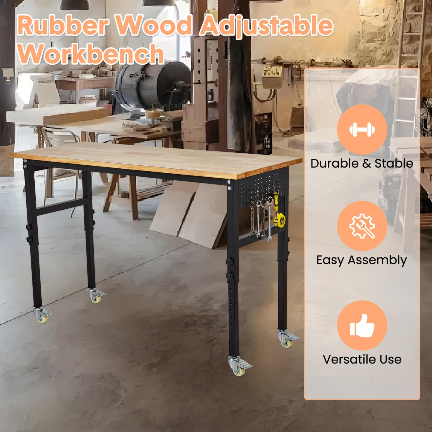 Adjustable Workbench with Wheels 70x21 Inches-Heavy Duty Adjustable Height Work Benches for Garage,Lockable Rolling Workbenches for Workshop and Home DIY 27.8"-39.5" Height