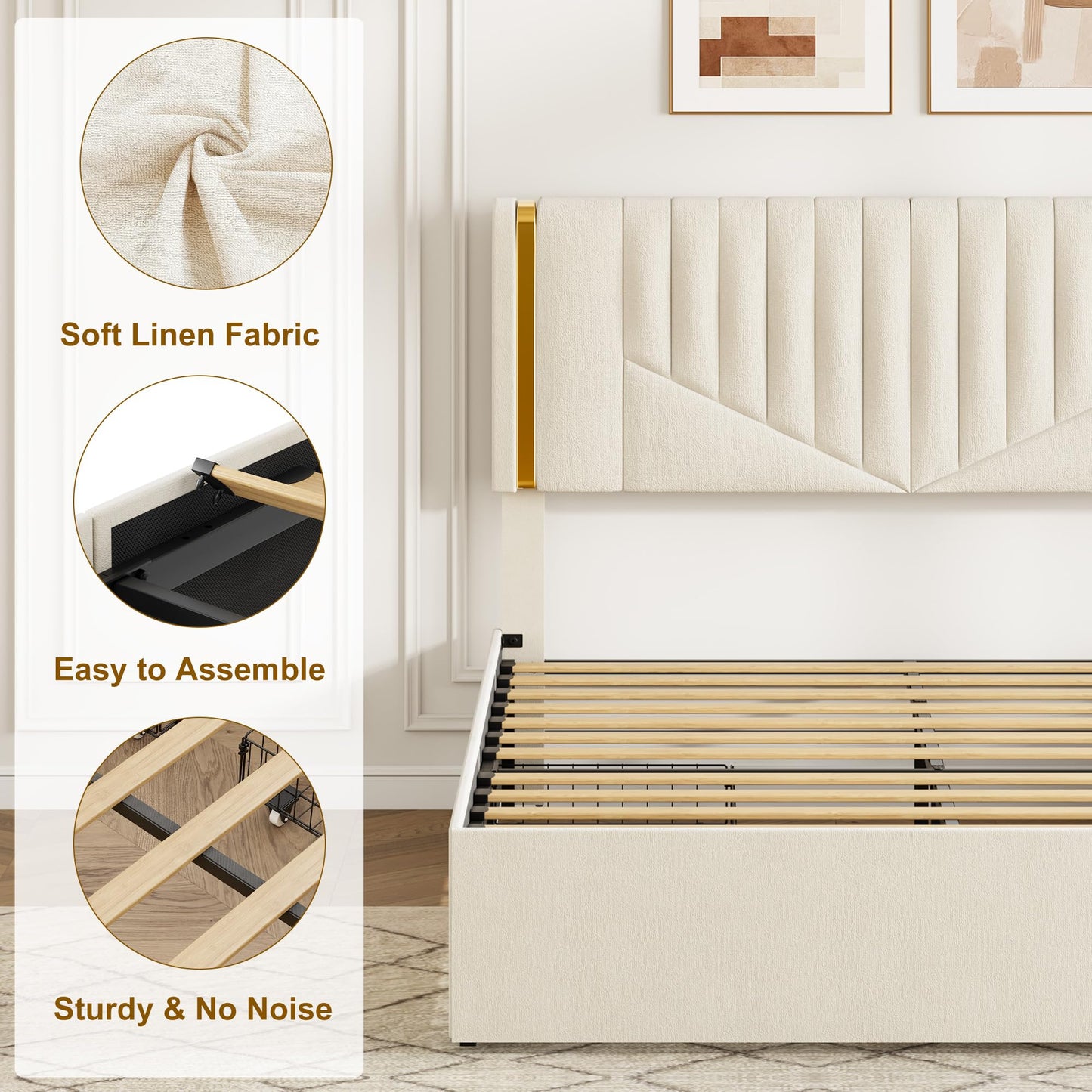 Garvee Upholstered Full Size Bed Frame with Adjustable Headboard, Luxury Golden Tufted Platform Bed with 4 Storage Drawers, Wooden Slats Support, No Box Spring Needed, Easy Assembly - Beige