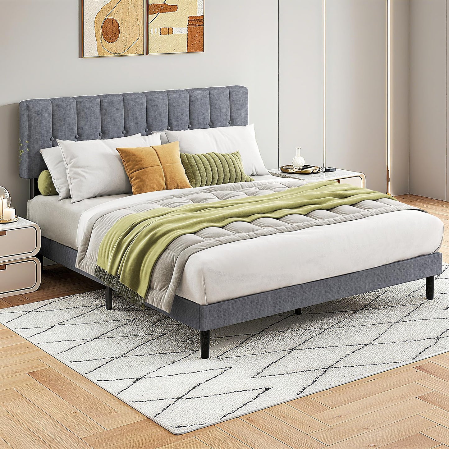 HAPPYMONT Full Size Bed Frame with Adjustable Upholstered Headboard, Fully Upholstered with Storage and Wood Slats Support, Noise-Free Platform, No Box Spring Needed, Easy Assembly, Grey