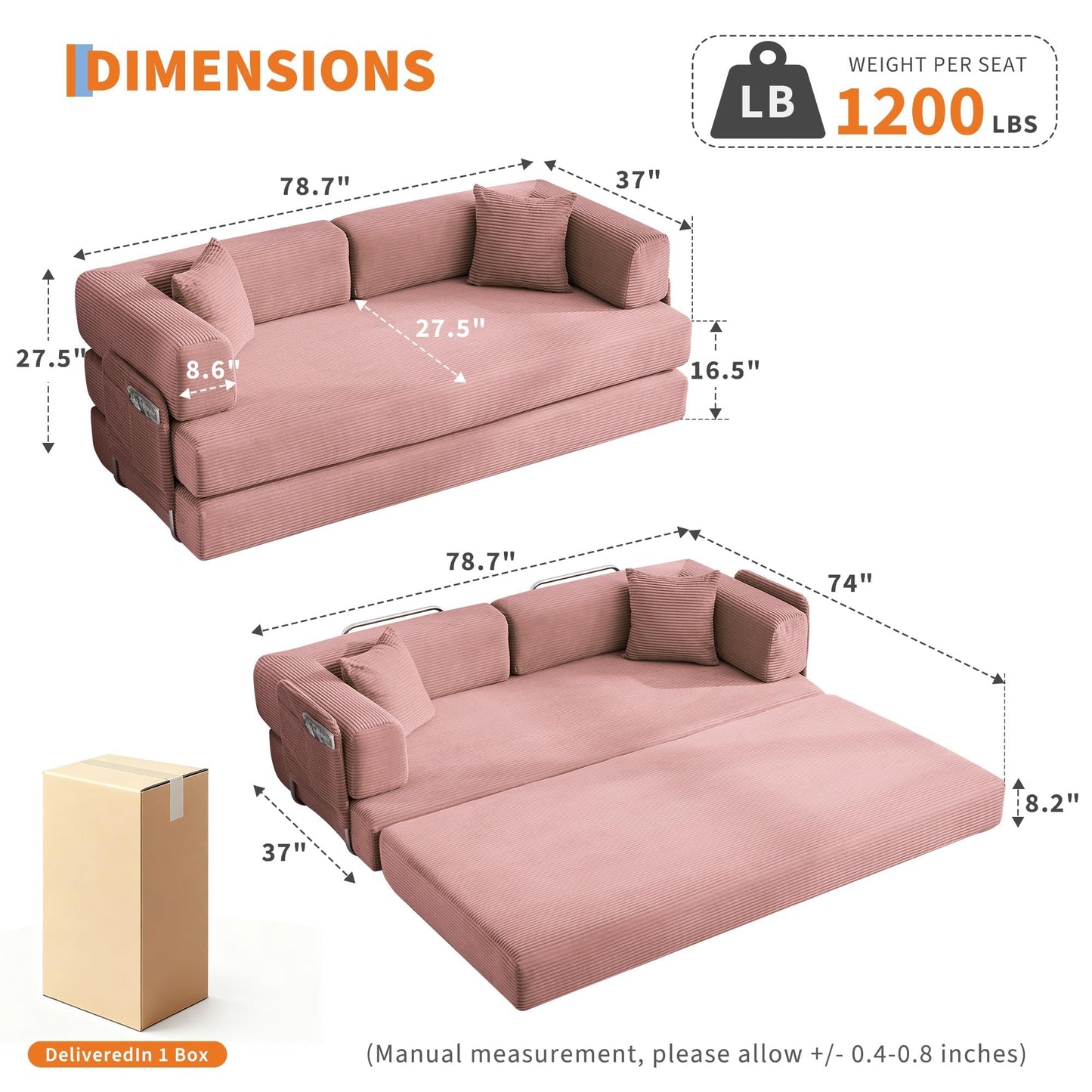GarveeLife 78.8" Modular Corduroy Sofa Bed,5 in 1 Convertible Futon Floor Couch with Pull-Out Sleeper,Multi-Functional Futon for Living Room Guest Room & Small Spaces
