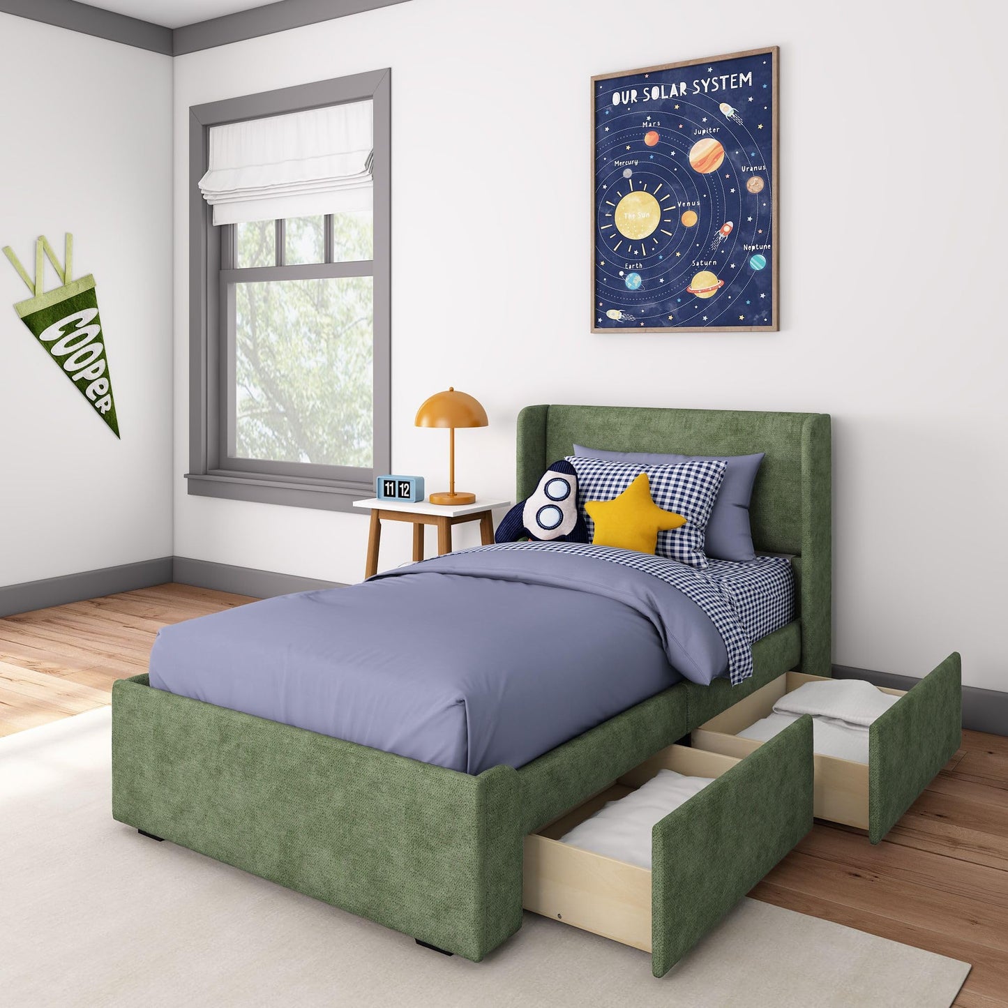 Max & Lily Upholstered Twin Bed Frame with Rectangular Headboard and Two Storage Drawers, Upholstered Platform Bed for Kids, No Box Spring Needed, Easy Assembly, Green