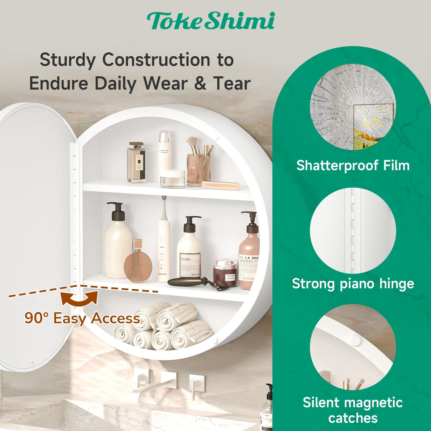 TokeShimi 24 Inch Round Bathroom Medicine Cabinet with Mirror Surface Mount Only Circular White Framed Farmhouse Medicine Cabinets for Wall Small Circle Mirrored Bath Cabinet with Vanity Mirror