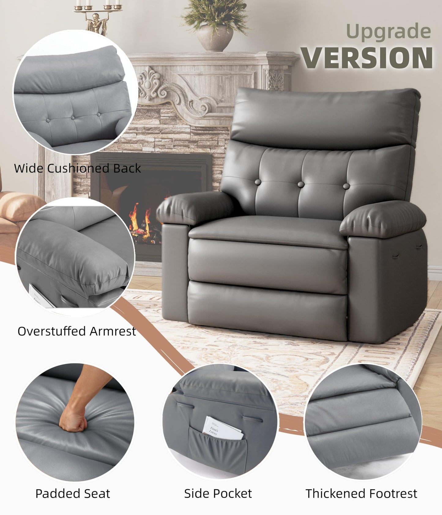 Garvee Oversized Wide Recliner Chair - Heat and Massage, PU Leather Extra Wide Manual Recliner for Adults, Large Lazy Chair with 1.5X Sponge Comfort Arm and Back for Living Room, Bedroom