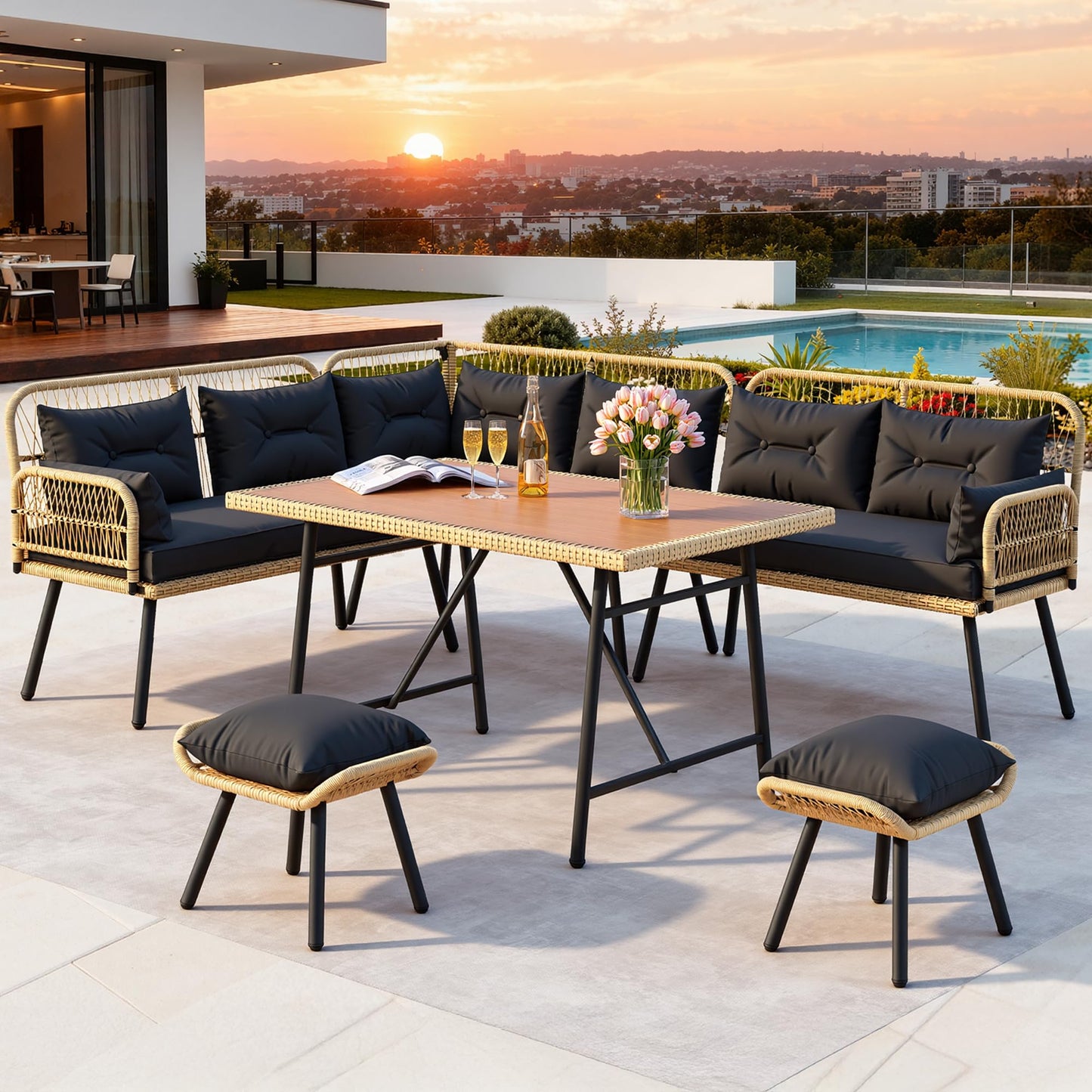 DWVO 9-Piece Patio Furniture Set Couch L Shape Outdoor Couch with Soft Cushions, Ottomans & Dining Table All-Weather Rattan Patio Conversation Set Outdoor Patio Sectional for Backyard Garden