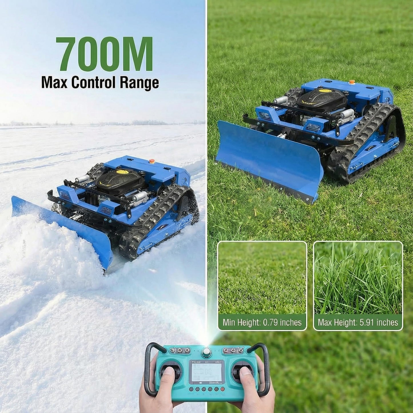 Remote Control Lawn Mower with Snow Plow Attachment–700m Range, Hybrid Gas-Electric Power, Track Design, All-Terrain, Adjustable Cutting Height (0.79-5.9 inches)