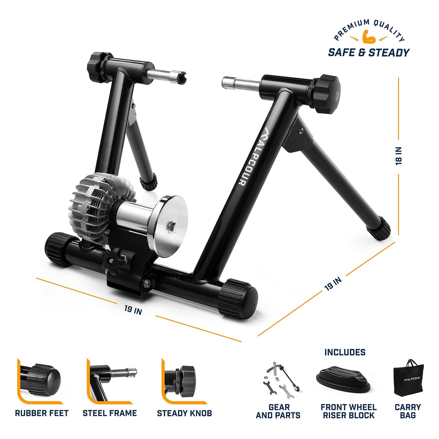 Alpcour Fluid Bike Trainer Stand for Indoor Riding – Portable Stainless Steel Indoor Trainer, Noise Reduction, Progressive Resistance, Dual-Lock System – with 4-Tier Riser Block for Front Wheel