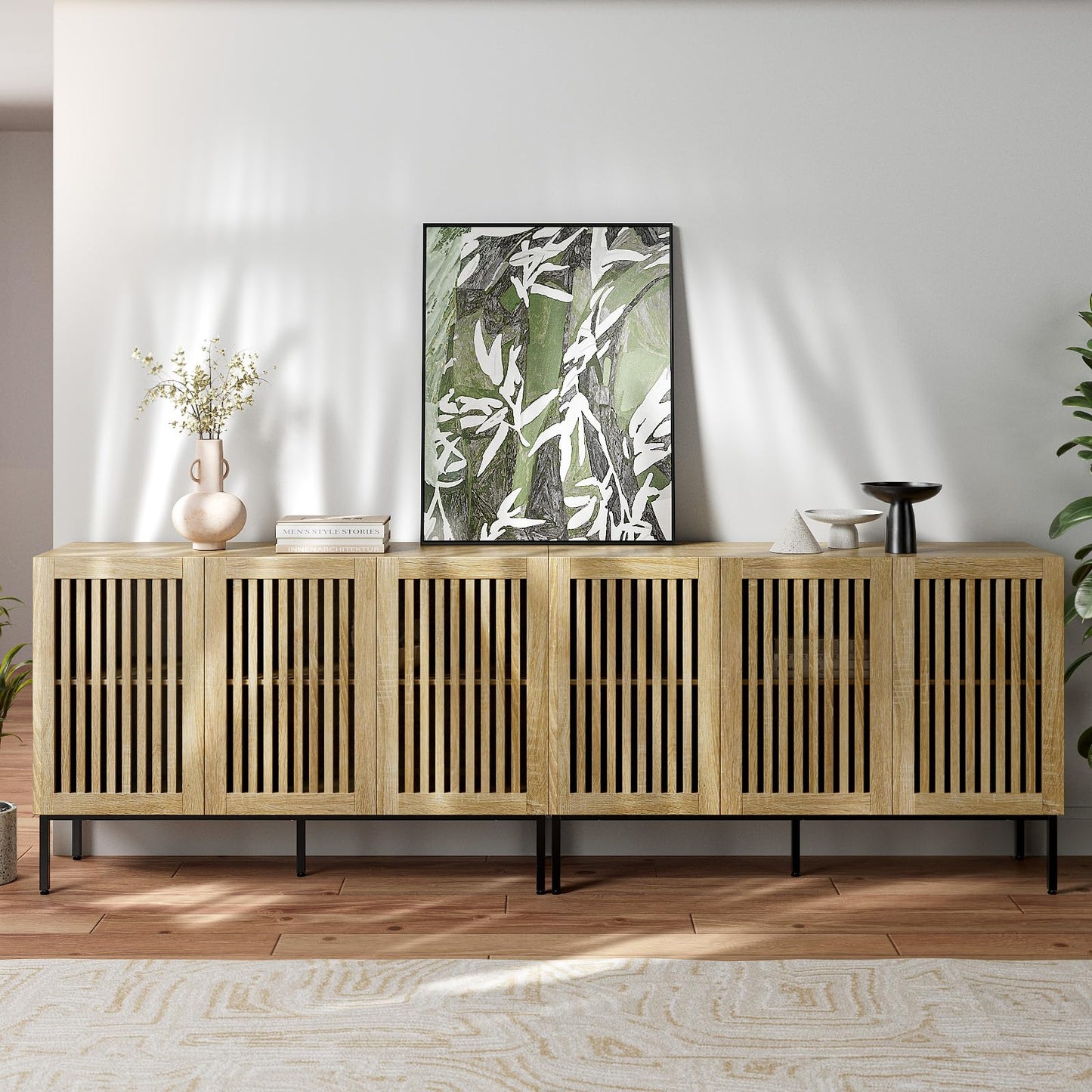 BVIUNTWO Buffet Cabinet with Storage,Set of 2 Farmhouse Console Table with Metal Base and Adjustable Shelves,Sideboard Coffee Bar Cabinet with 6 Doors for Kitchen,Dining Room,Living Room,Oak