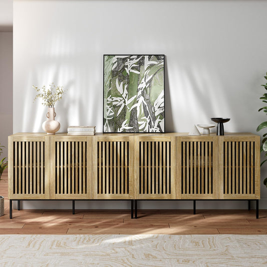 BVIUNTWO Buffet Cabinet with Storage,Set of 2 Farmhouse Console Table with Metal Base and Adjustable Shelves,Sideboard Coffee Bar Cabinet with 6 Doors for Kitchen,Dining Room,Living Room,Oak