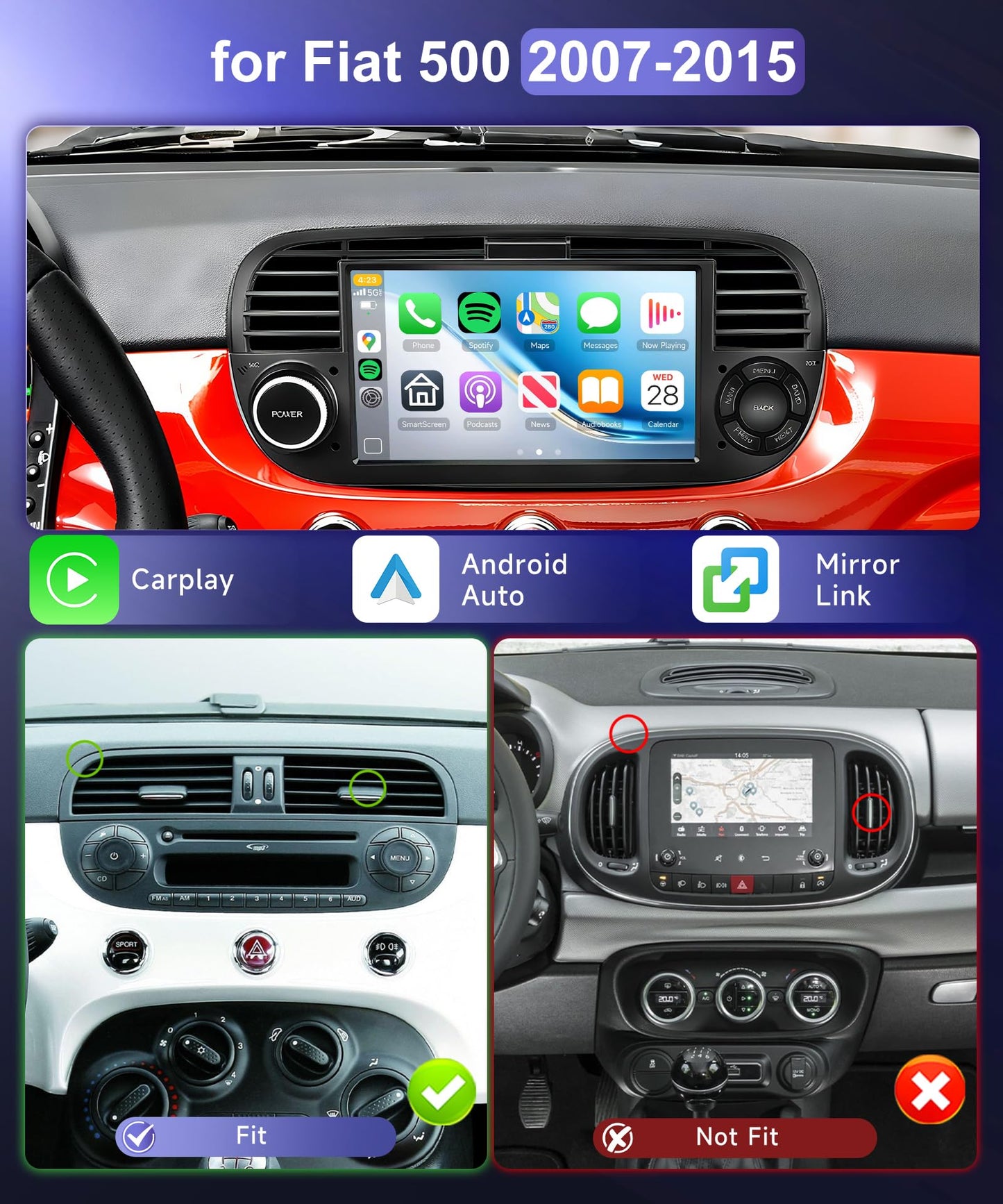 DSP 8Core 4+64G Radio for Fiat 500 2007-2015 Car Stereo with Wireless Carplay Android Auto,7inch 1280X720P IPS Touch Screen,5Ghz WiFi,63UIs,Built-in GPS,5.0Bluetooth,FM/RDS,SWC Backup Camera