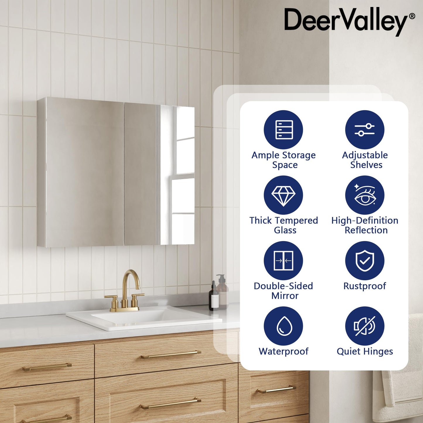 DeerValley Medicine Cabinet with Mirror, 30" W x 26" H Bathroom Mirror with Storage, Frameless Modern Wall Mount Mirrored Medicine Cabinets with Adjustable Shelf
