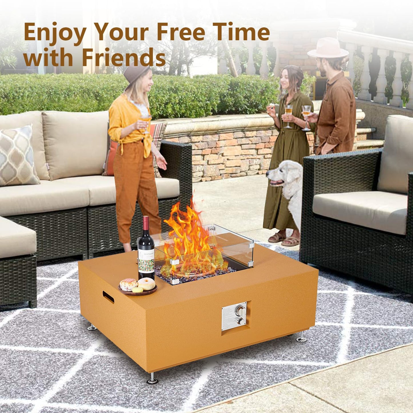 36 Inch Outdoor Propane Fire Pit Table, 50000BTU Steel Gas Firepit with Wind Guard, Add Warmth and Ambience to Parties On Outside Patio Deck Garden, Safety Certified Glass Beads & Rain Cover