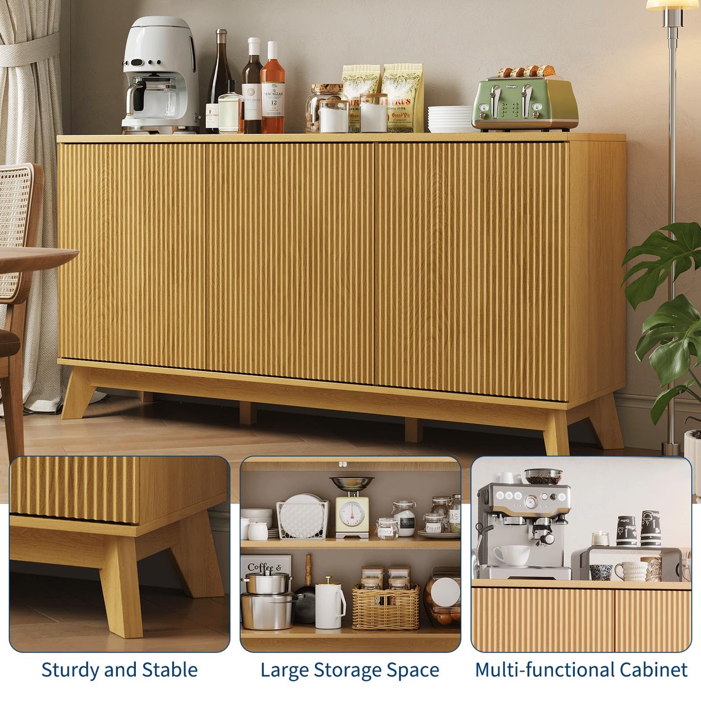 Garvee 58" Modern Farmhouse Buffet Cabinet with Curved Doors & Adjustable Shelves - Wood Storage Sideboard for Dining Room, Coffee Bar Console, Living Room